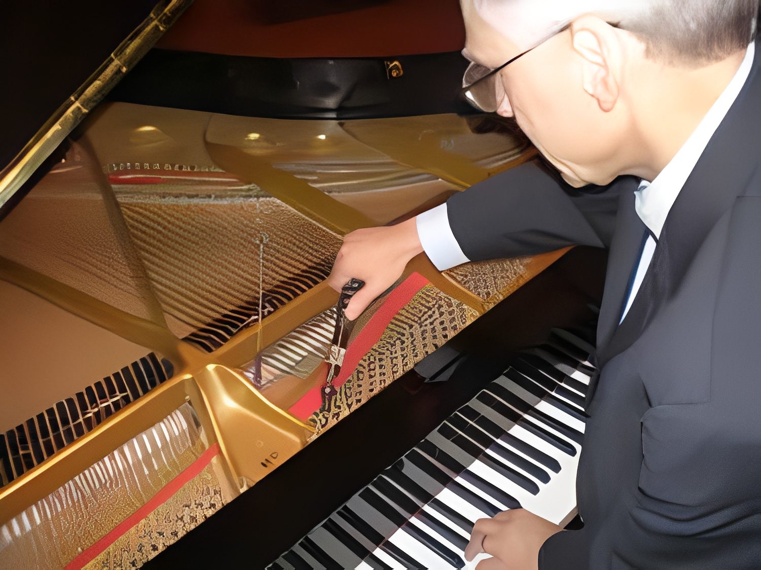 Technician adjusting piano strings