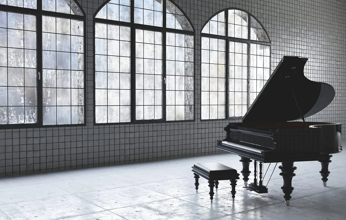 Elegant piano near large windows
