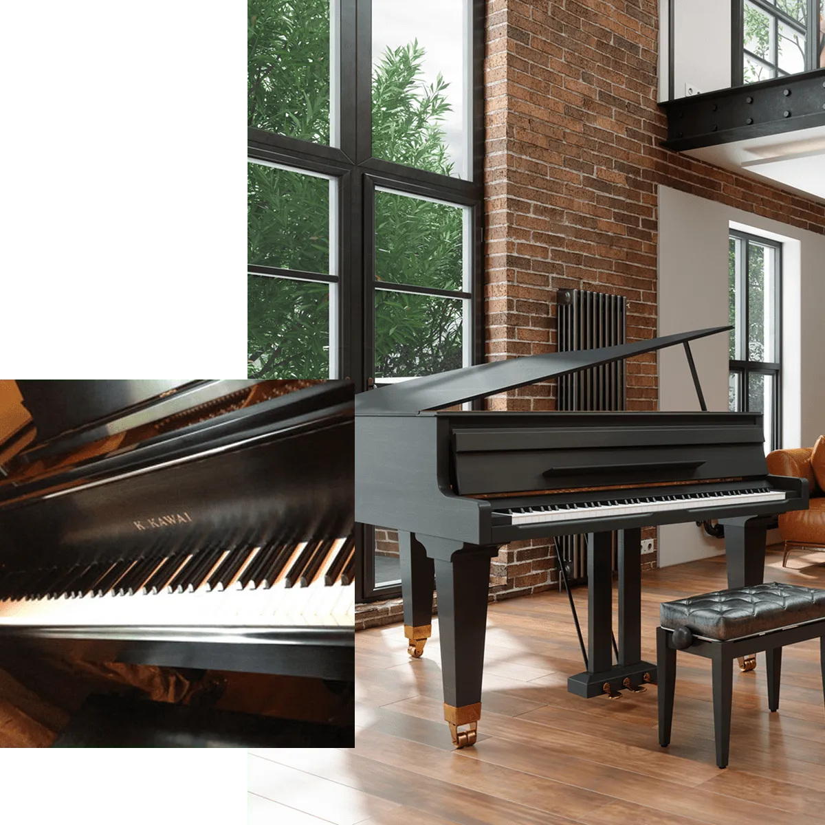 Grand piano in a modern living room with brick wall