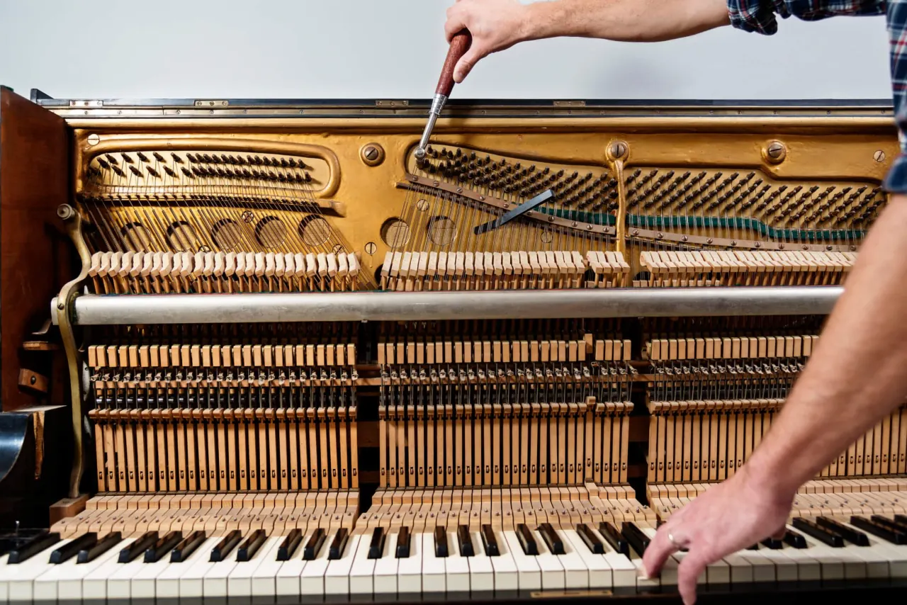 Interior view of upright piano